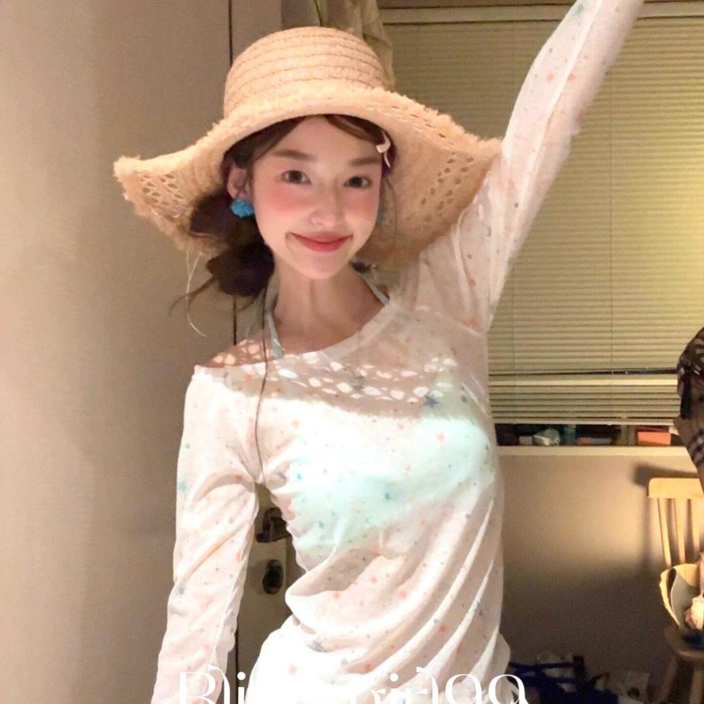 【青柠茶】星星印花休闲薄款罩衫女夏季比基尼泳衣蕾丝屁帘套装夏