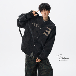 V37美式重磅撕裂笑脸皮夹克外套男秋季潮牌街头青少年情侣棒球服