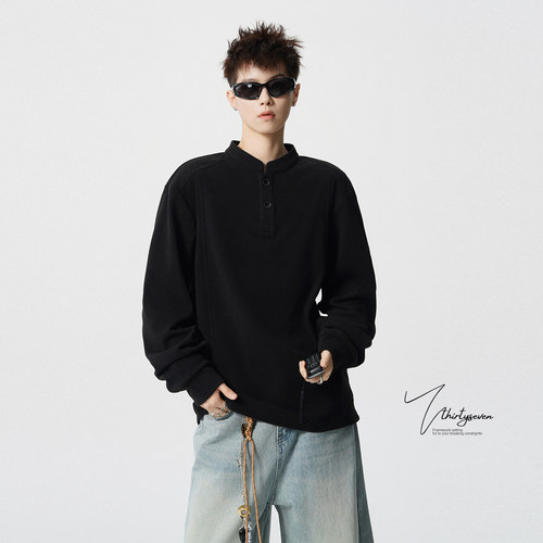 V37美式半高领纽扣打底衫T恤男