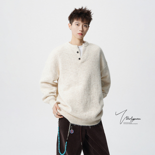 潮牌宽松慵懒风套头线衫 秋季 重磅亨利领打底针织毛衣男款 V37美式