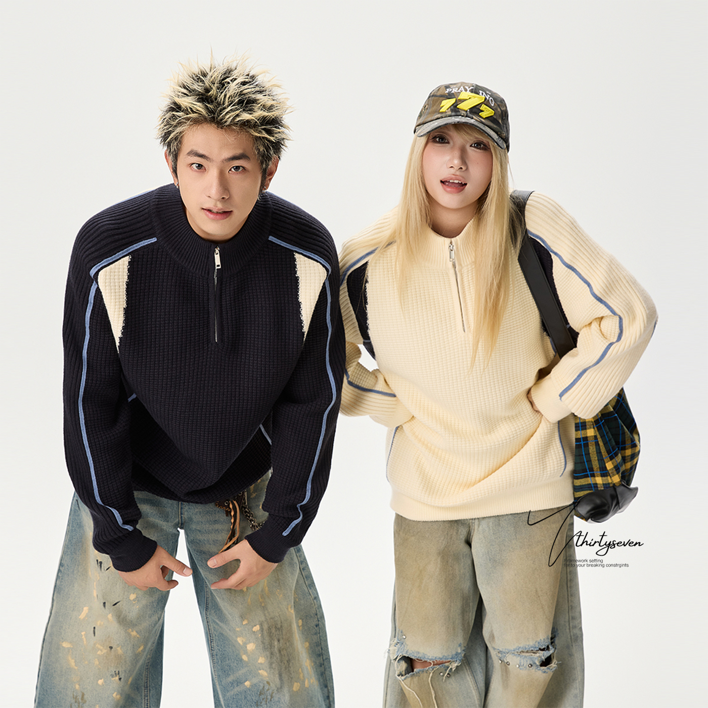 美式撞色拼接针织毛衣