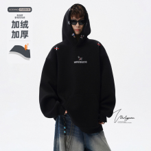 V37美式重磅小狗刺绣连帽卫衣男秋冬设计感小众加绒加厚休闲上衣