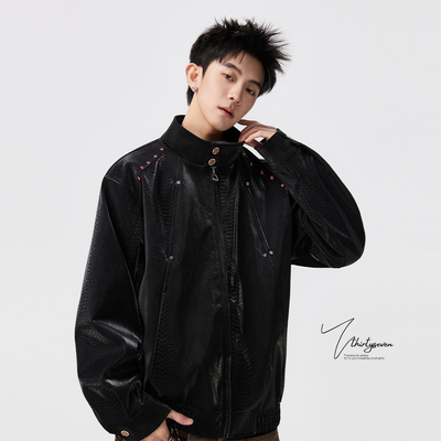 美式高街蟒蛇纹理感立领夹克男春