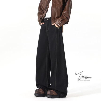 V37美式丹宁黑水洗弯刀牛仔裤男秋潮牌cleanfit明线加绒直筒裤子