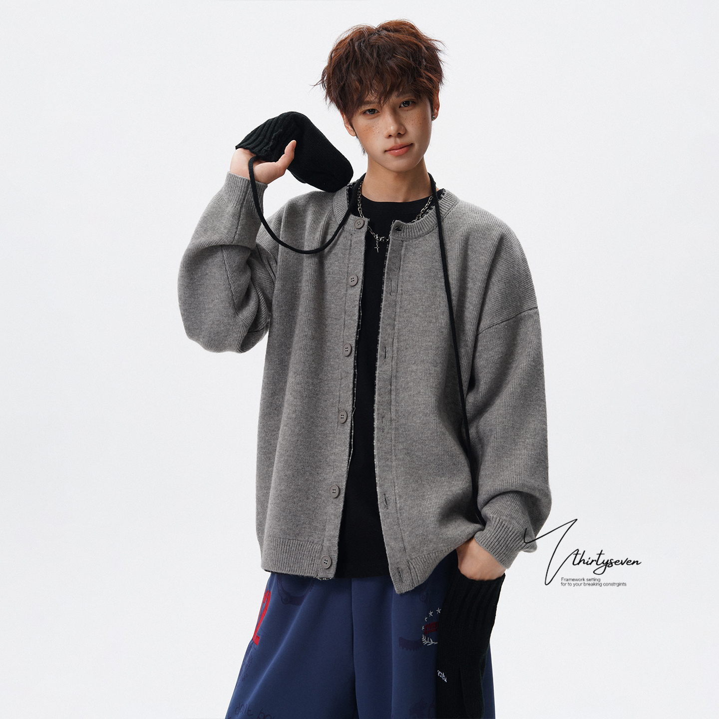 美式潮牌复古慵懒风灰色开衫毛衣