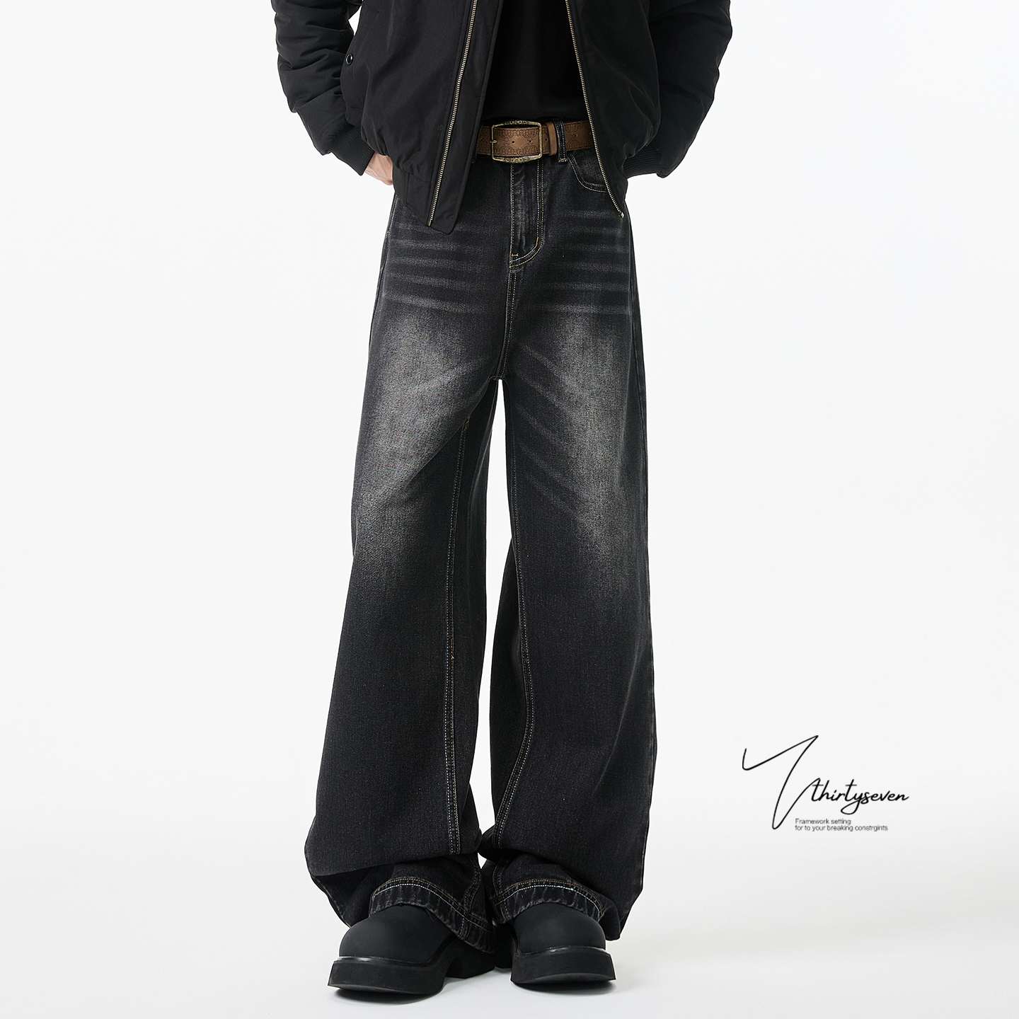 美式高街水洗做旧猫须牛仔裤