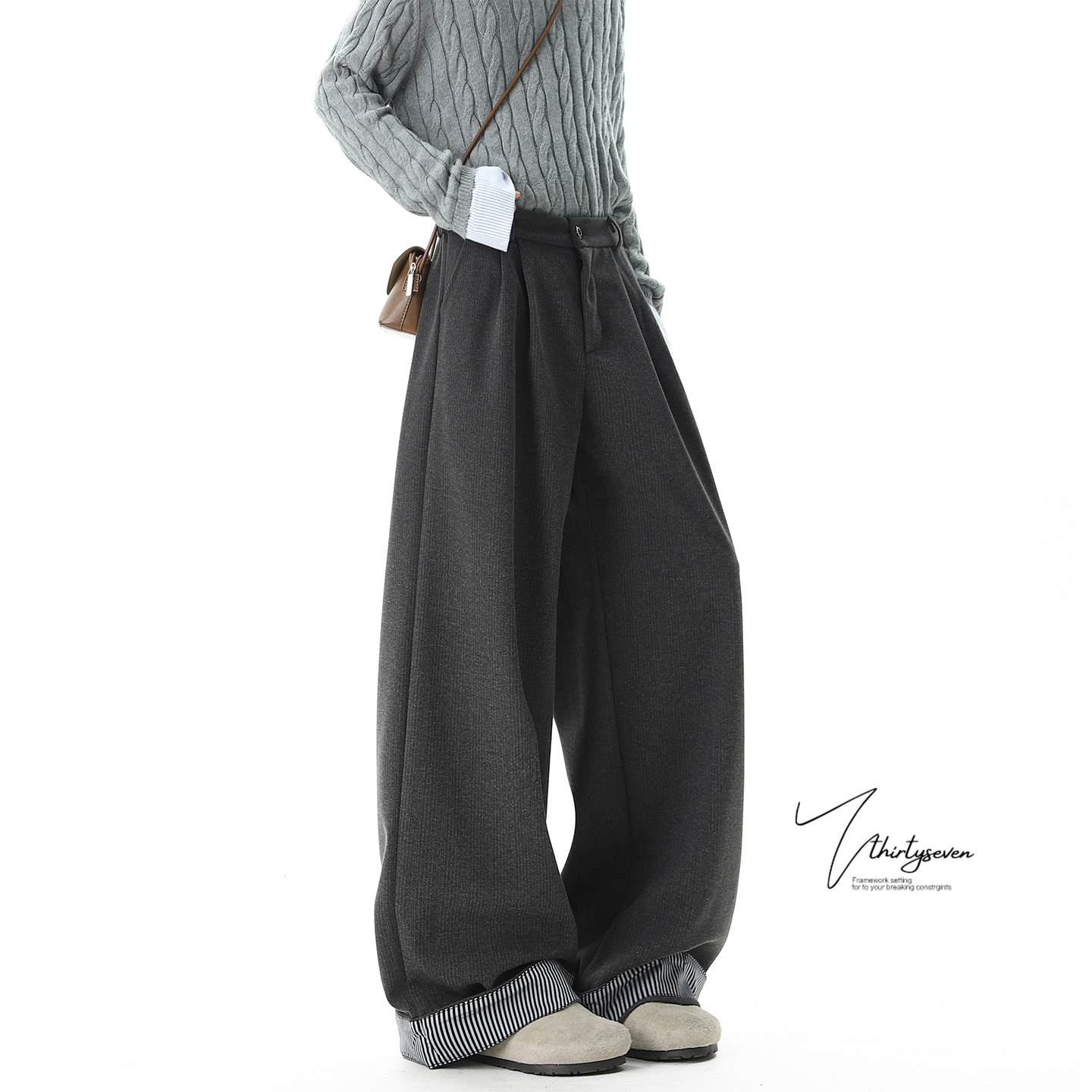 美式复古毛呢卷边条纹拼接西裤