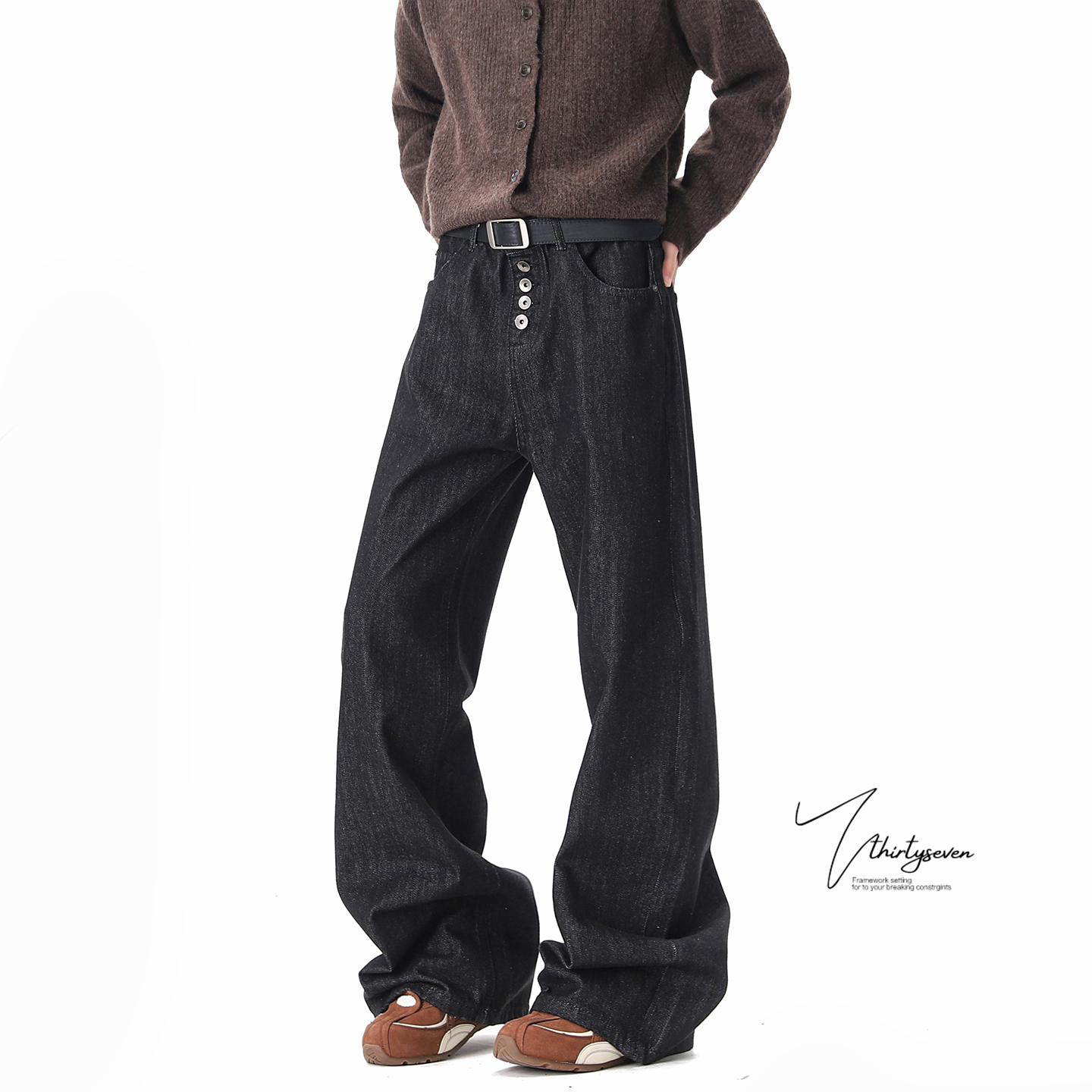 美式cleanfit设计感排扣牛仔裤男