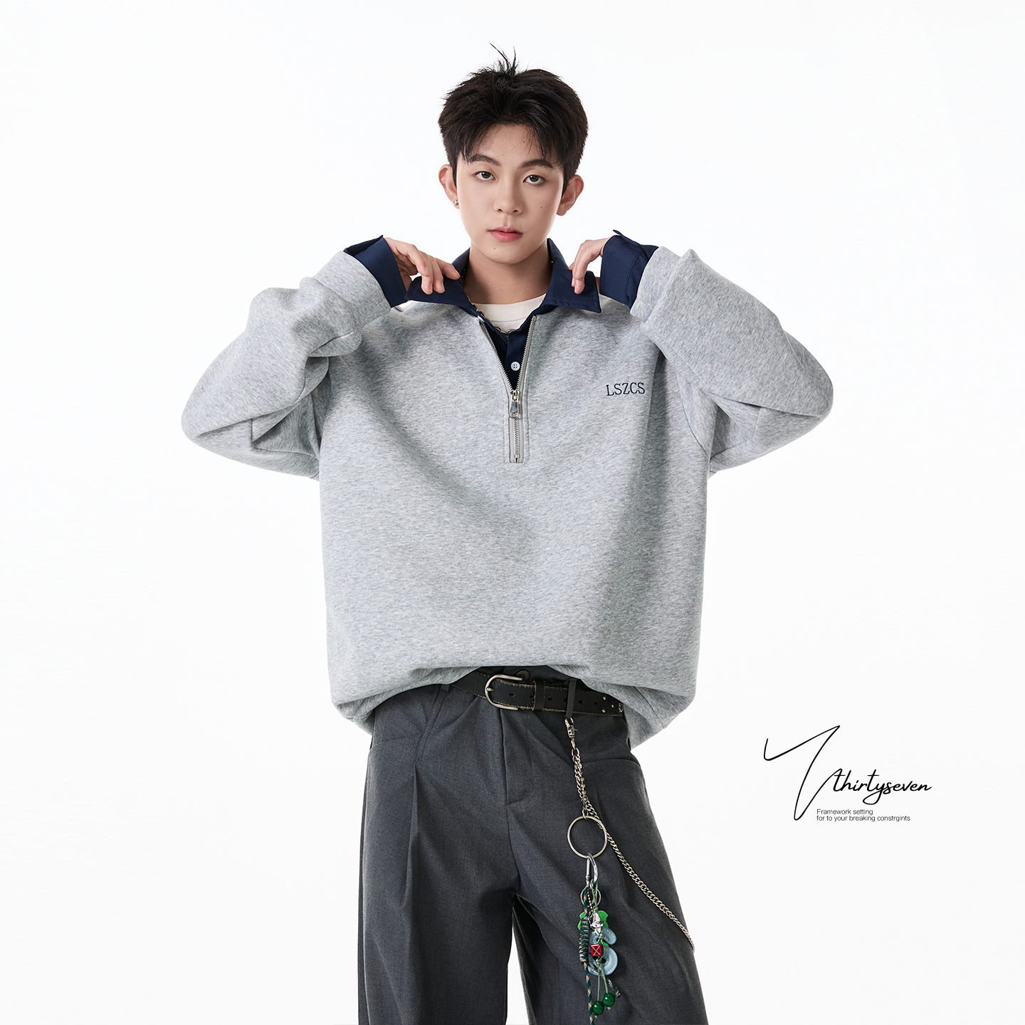 美式复古衬衫领拼接假两件卫衣男