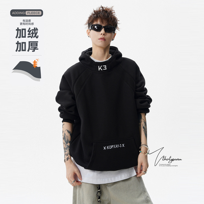 美式潮牌黑色字母刺绣连帽卫衣