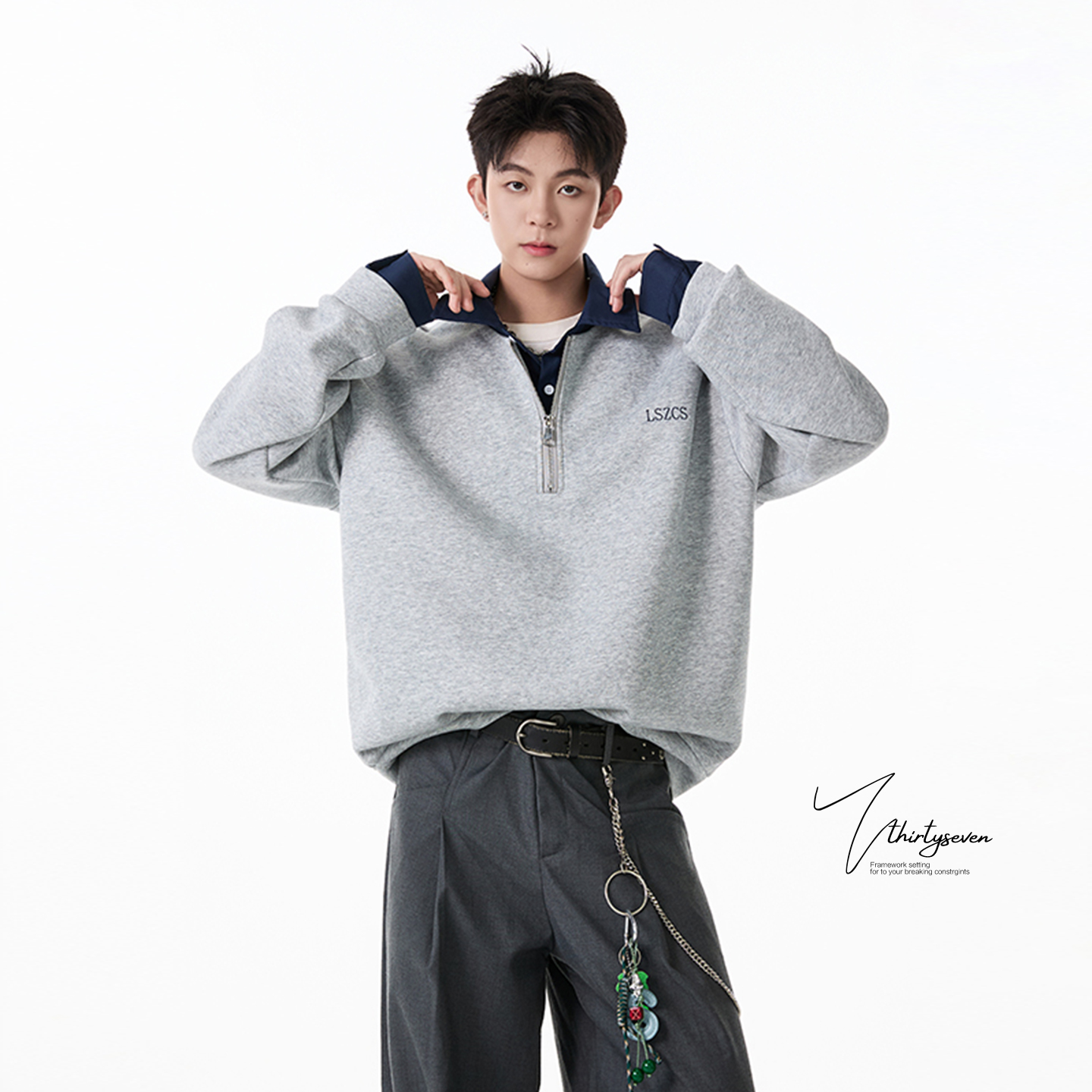 美式潮牌半拉链POLO领卫衣男