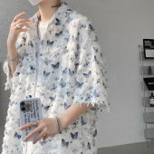 流苏设计感潮牌休闲情侣衬衣外套 男春2026新款 花蝴蝶冰丝短袖 衬衫