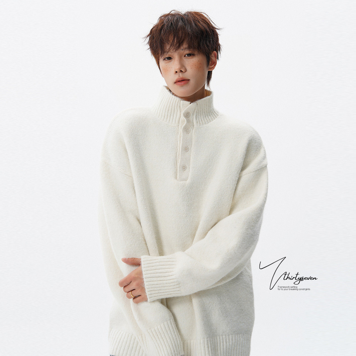 潮牌氛围感高领半开襟针织毛衣男