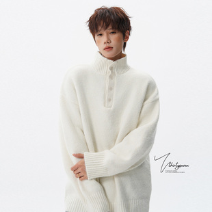 V37潮牌氛围感高领半开襟针织毛衣男冬美式 宽松慵懒bf风套头线衫