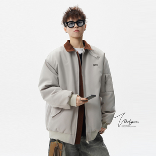 V37美式 高街vibe加厚保暖棉衣外套上衣 复古撞色翻领夹克男秋冬季