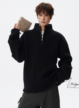 V37美式黑色慵懒风半拉链立领毛衣男冬季宽松休闲显瘦内搭针织衫