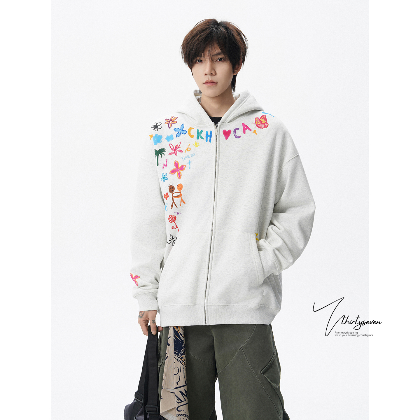 美式创意卡通涂鸦印花连帽卫衣