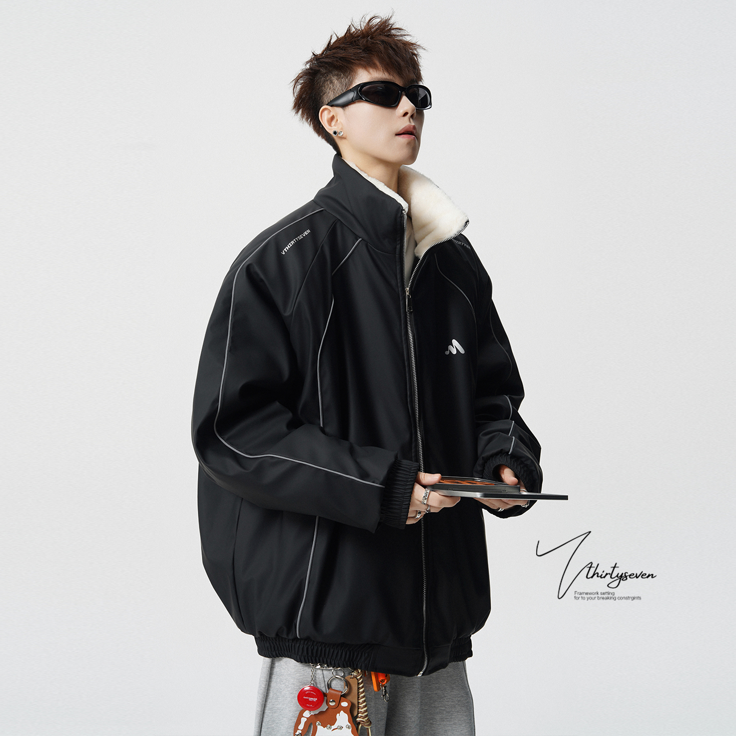 美式反光条拼接PU皮棉服外套男