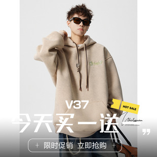 高街加绒宽松落肩袖 男秋季 连帽卫衣 重磅砂洗刺绣情侣帽衫 V37美式