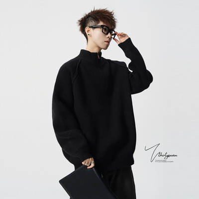 V37美式复古黑色半拉链毛衣