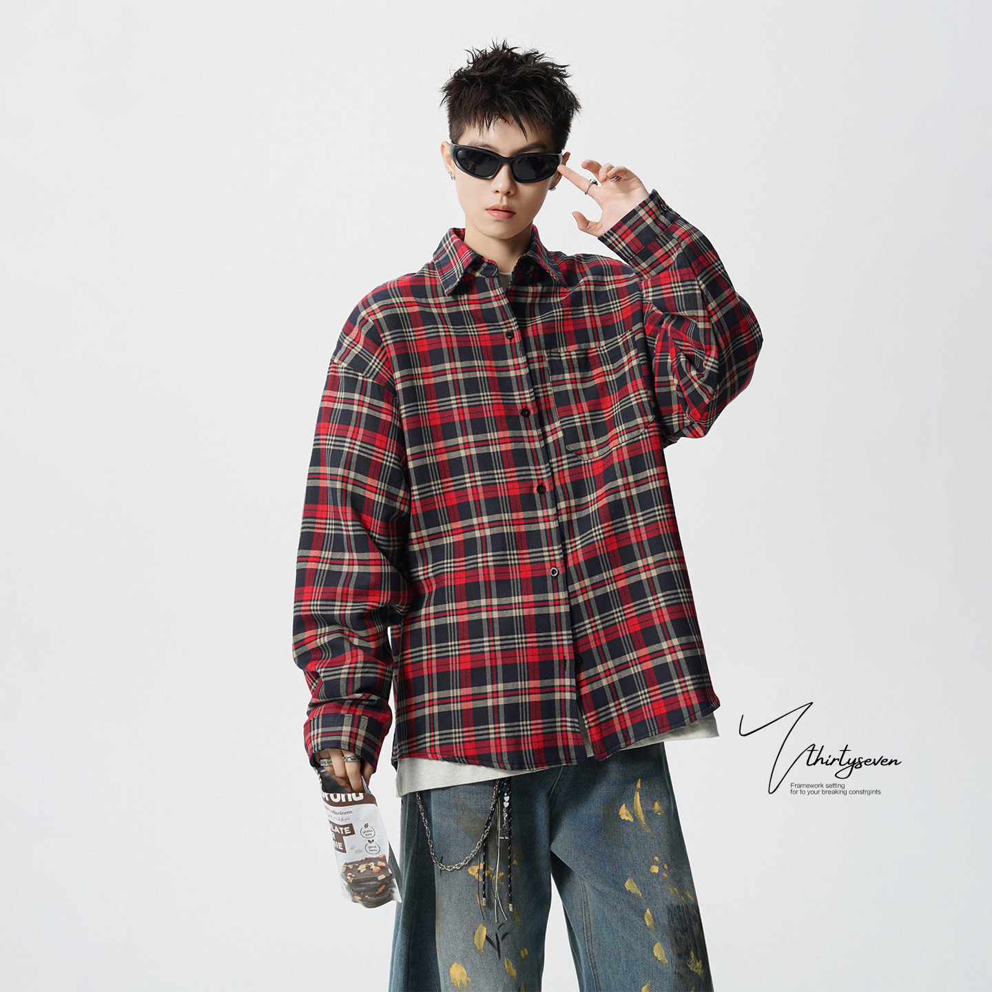 日系复古双面穿红格子衬衫男