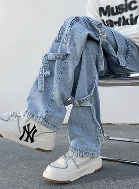 美式vibe风裤子设计感小众多口袋工装牛仔裤男款高街微喇直筒长裤