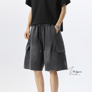 宽松百搭阔腿裤 V37美式 直筒休闲五分裤 男夏季 解构设计感运动短裤