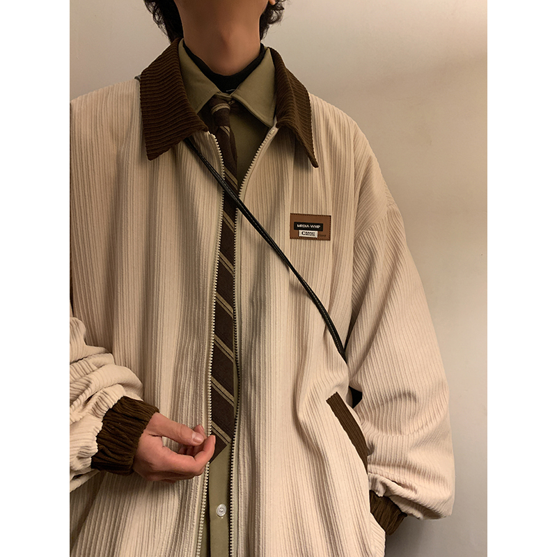 美式拼色领灯芯绒外套男