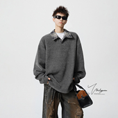 斜条纹假两件长袖 V37老钱风格 美式 领针织卫衣男春季 T恤 纹撞色衬衫