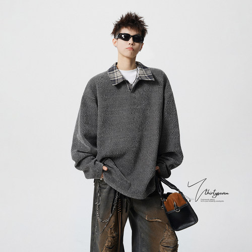 老钱风格纹撞色衬衫领针织卫衣男