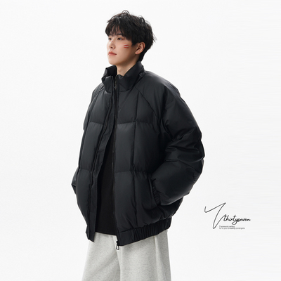 高级感黑色方格压线皮棉衣外套男