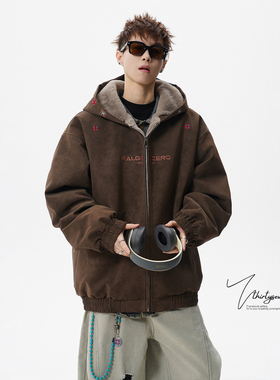 V37美式重磅加厚连帽棉衣男冬季小众民族风刺绣宽松休闲棉服上衣