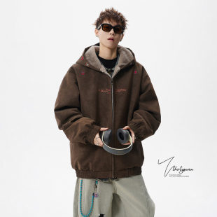 V37美式 小众民族风刺绣宽松休闲棉服上衣 重磅加厚连帽棉衣男冬季