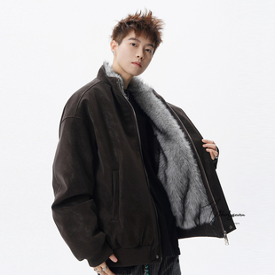 V37美式复古立领毛领棉衣男冬高街vibe加厚保暖痞帅棉服情侣外套