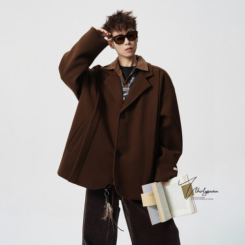 复古棕色英伦风毛呢西装外套男款