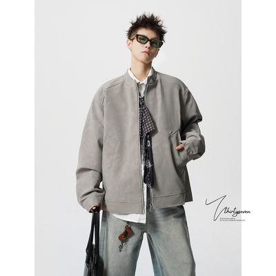 美式复古大理石纹绒感皮衣外套男