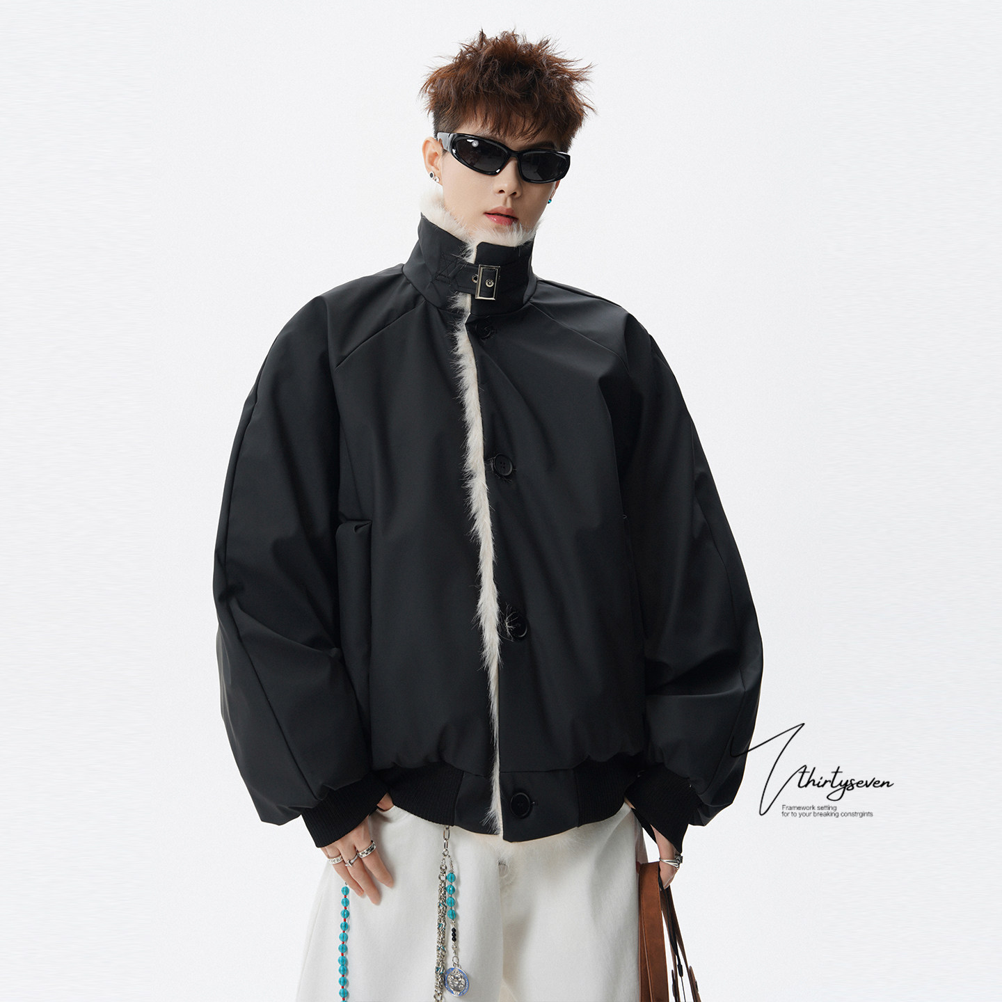 美式高级感痞帅毛领拼接皮棉服