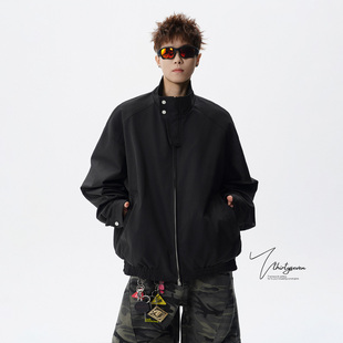 V37美式潮牌黑色立领飞行员夹克男春季高级感宽松廓形青少年外套