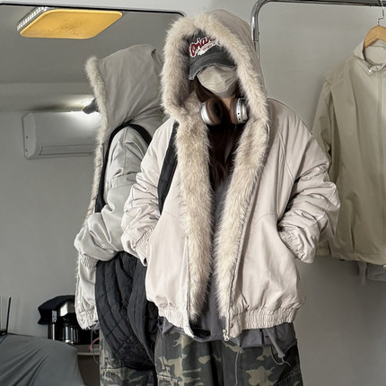 V37美式重磅廓形潮座山雕连帽棉服男冬季高街痞帅大毛领棉衣外套