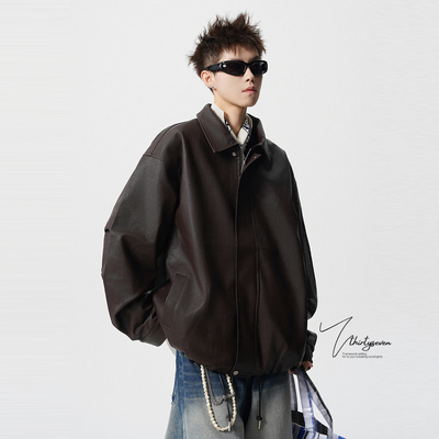 美式潮牌复古咖色翻领皮夹克男春