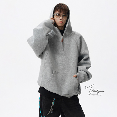 美式花灰色半拉链连帽卫衣男冬