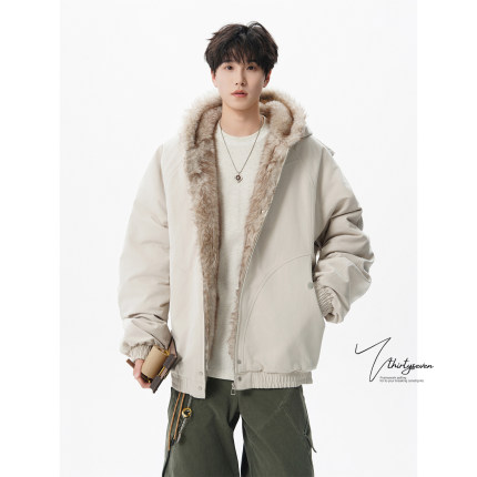 V37美式重磅大帽子毛领夹克棉服男秋潮牌立体解构连帽座山雕外套