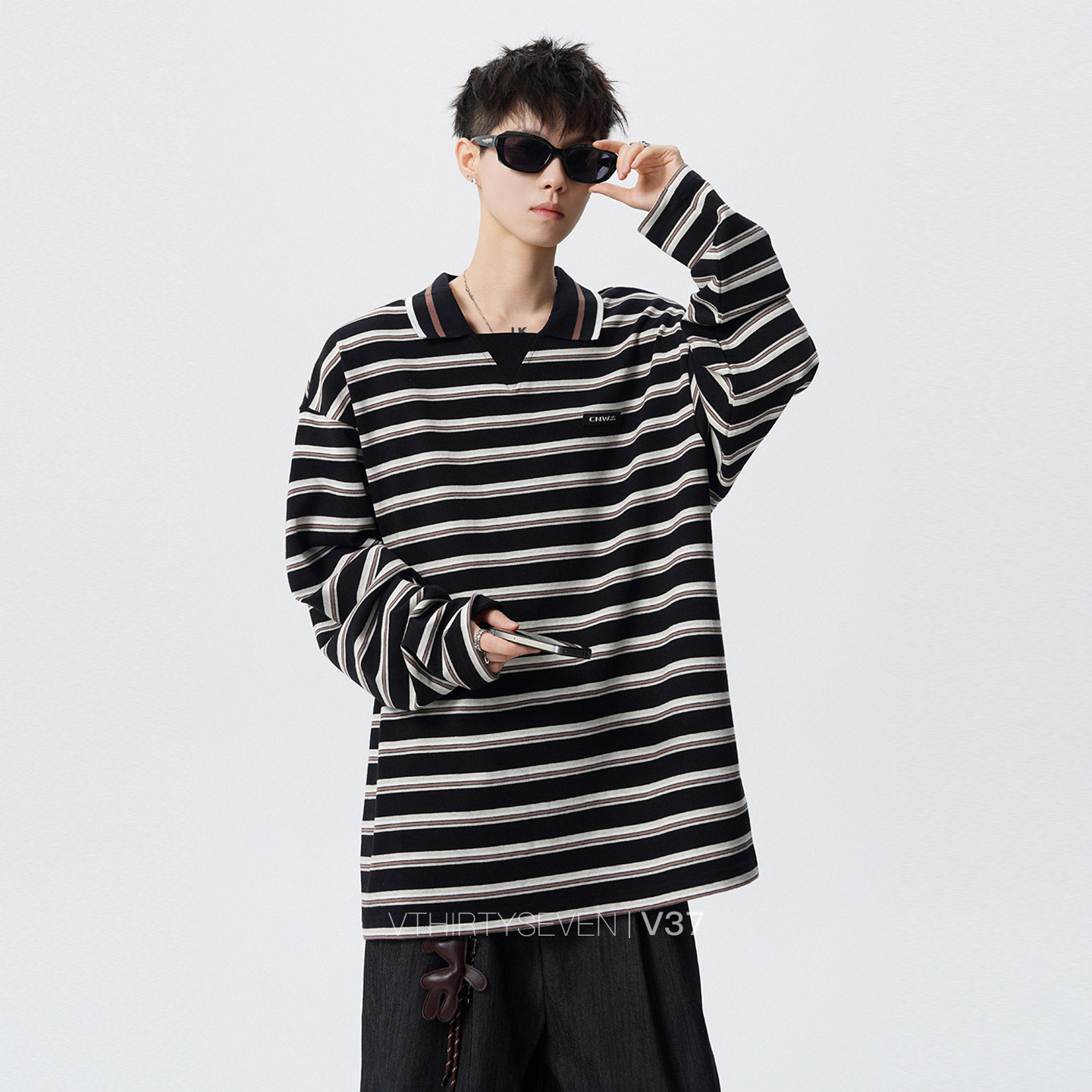 V37美式条纹翻领长袖T恤男图片