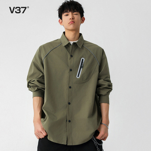 2025新款 V37美式 男秋季 衬衫 撞色拉链口袋休闲衬衣外套 设计感长袖