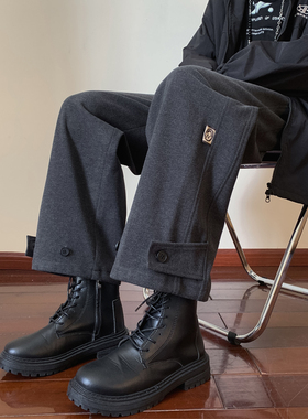 毛呢裤子男春季款百搭日系复古潮牌宽松大码阔腿直筒雅痞休闲长裤