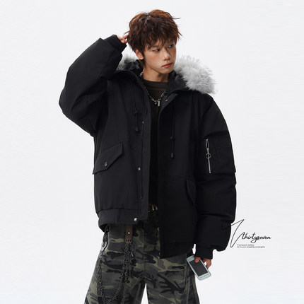V37美式潮牌工装风大毛领棉衣外套男冬季高街加厚保暖连帽派克服