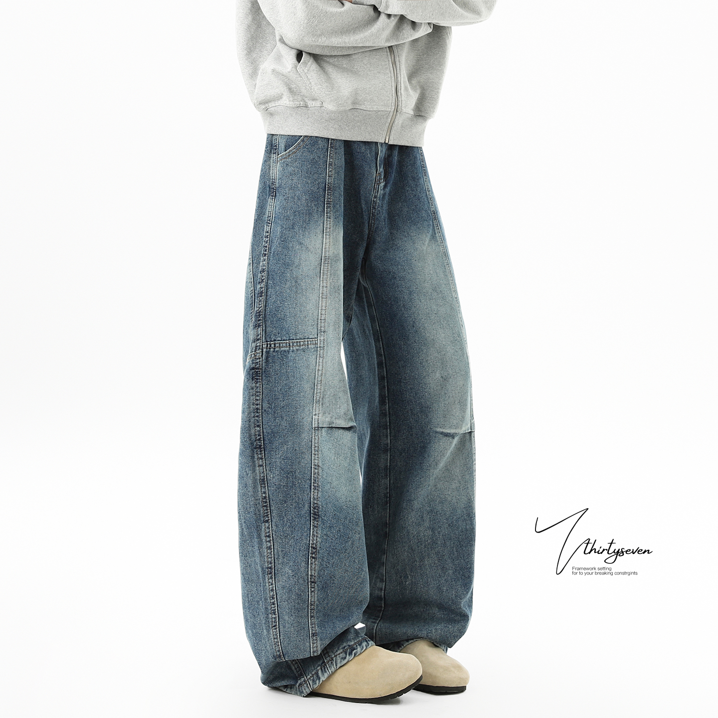 美式复古解构弯刀牛仔裤