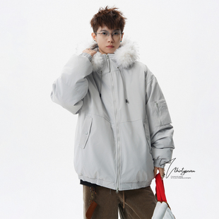 高街氛围感休闲加厚毛领棉衣 连帽派克服男冬季 V37美式 潮牌情侣款