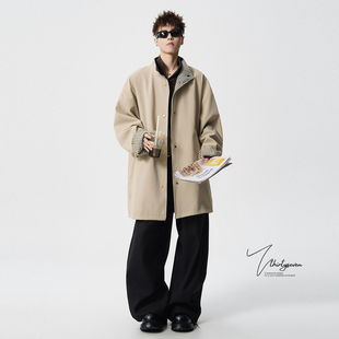 V37韩系氛围感卡其色立领风衣外套男秋季 情侣披风 潮牌痞帅中长款