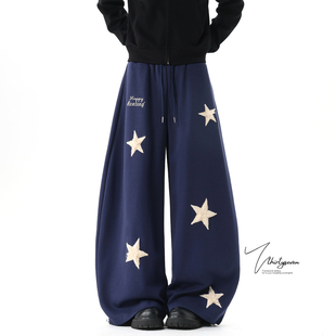 男冬潮牌设计感星星刺绣拖地长裤 V37美式 高街hiphop廓形休闲卫裤